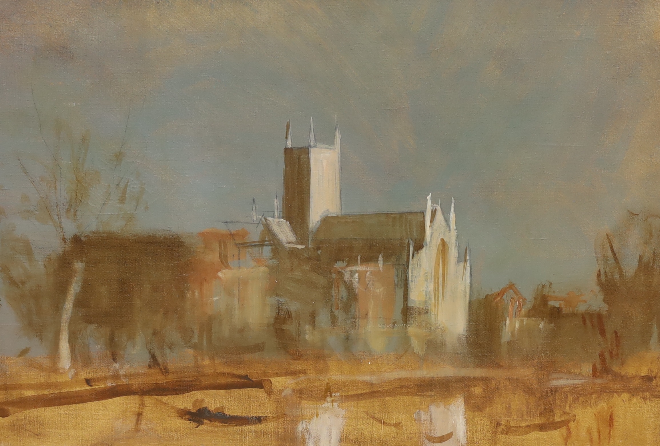 Follower of Edward Seago, oil on canvas, Study of a church, 51 x 76cm, unframed. Condition - fair, some craquelure and surface dirt to the canvas